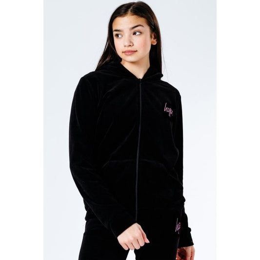 Girls Black Velour Zip Through Hoodie