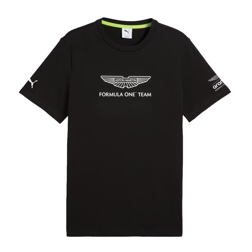 A black Puma Formula One Team short-sleeve t-shirt with a white winged logo and text on the chest, featuring a white Puma cat logo on the right sleeve and a white sponsor logo on the left sleeve.