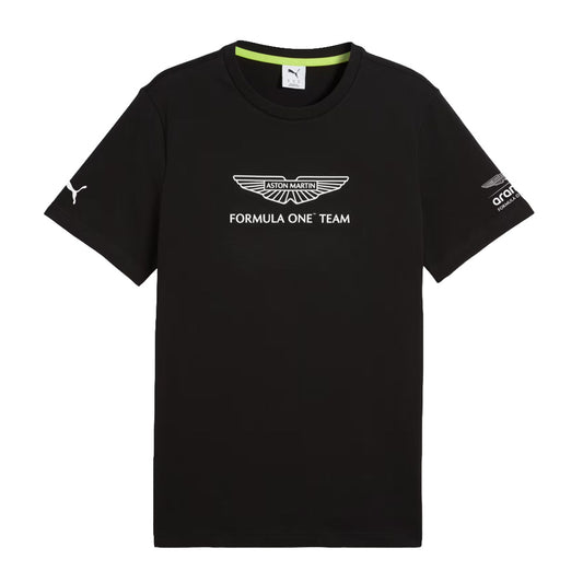 A black Puma Formula One Team short-sleeve t-shirt with a white winged logo and text on the chest, featuring a white Puma cat logo on the right sleeve and a white sponsor logo on the left sleeve.